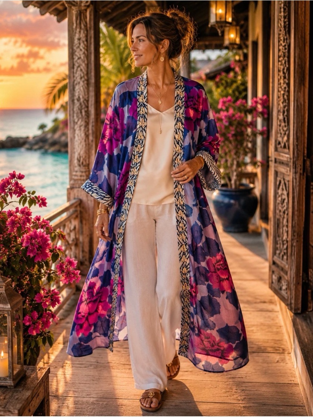 Soft Surroundings Floral Long Kimono Robe in Purple and Pink